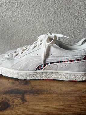 Puma Men’s 11 Suede Displaced Shoes Beige Colorway Camo Sneakers Multi Stripe